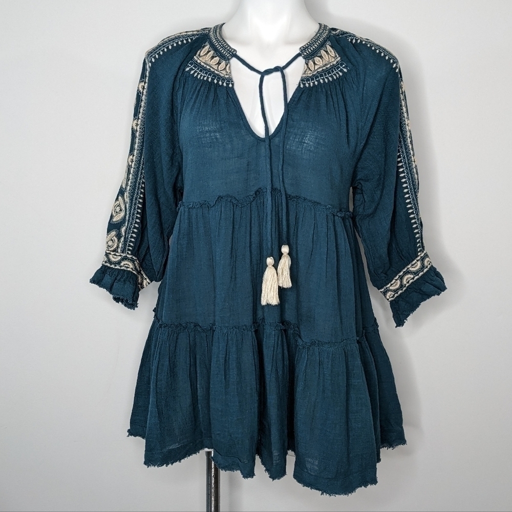 Free People blue white embroidered tassel tie top mini dress XS